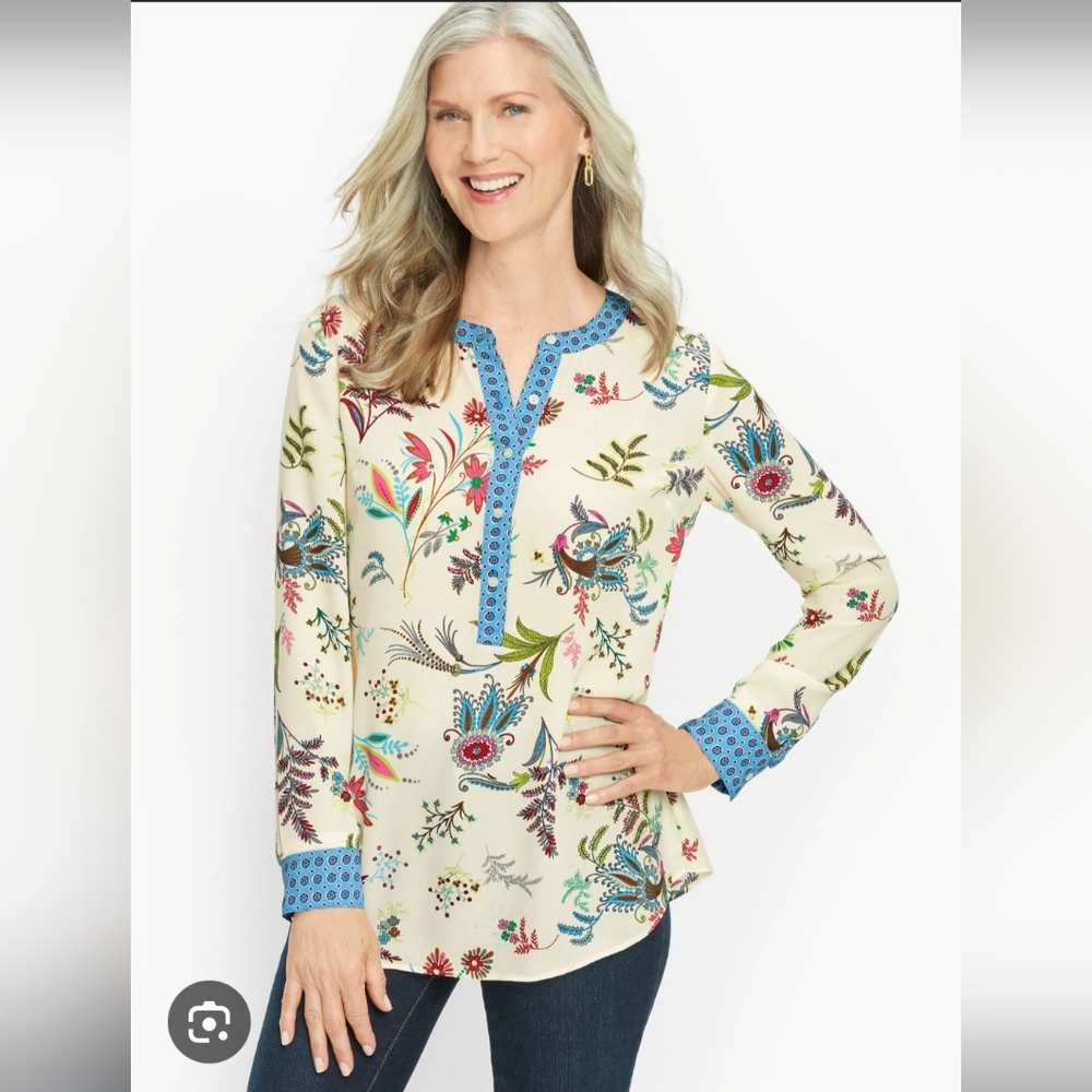 Talbots Plus Size 3X Floral‎ Tunic Blouse Blue Trim Long Sleeve Lightweight T